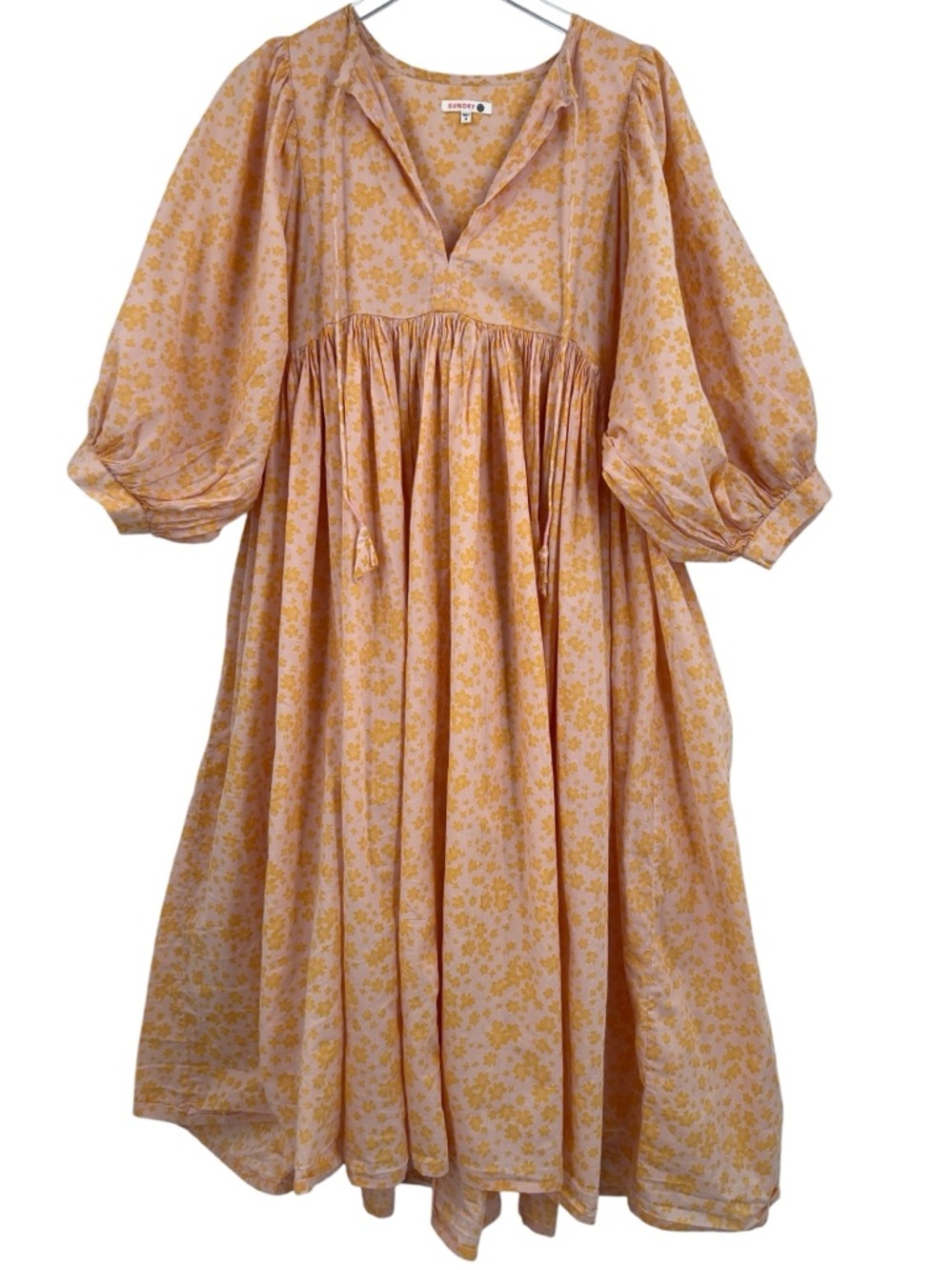 Sundry Cotton Boho Midi Dress Peasant Cottagecore Blouson Sleeve Floral Orange 3